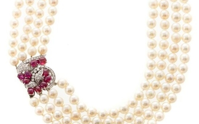 A Pearl Necklace with Ruby & Diamond Clasp