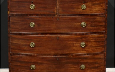 A Post-Regency mahogany bowfront chest, slightly oversailing...