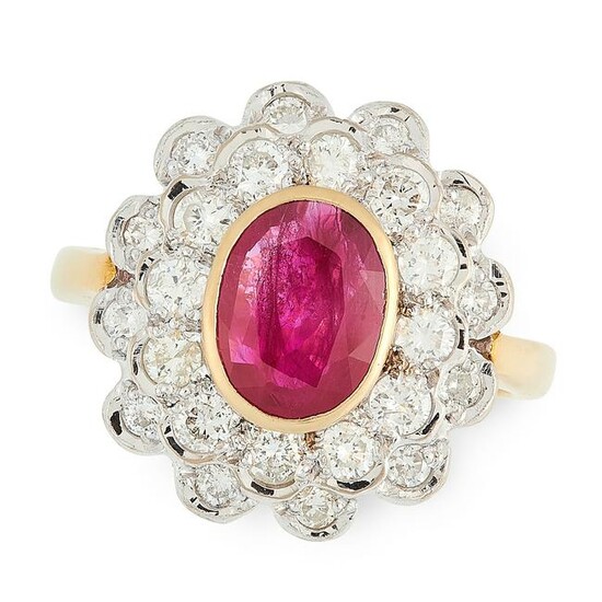 A RUBY AND DIAMOND CLUSTER RING in 18ct yellow gold