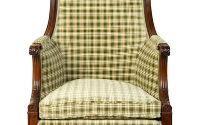 A Regency Style Carved Mahogany High Back Upholstered Armchair