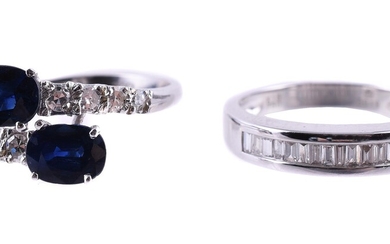 A SAPPHIRE AND DIAMOND CROSSOVER RING