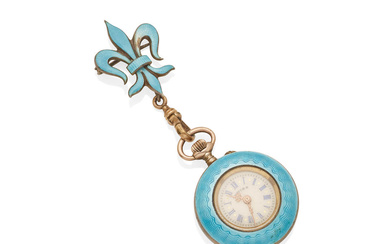 A SILVER, GOLD-PLATED SILVER, ENAMEL POCKET WATCH WITH BROOCH