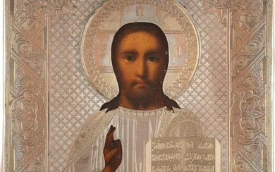 A SMALL ICON SHOWING CHRIST PANTOKRATOR WITH OKLAD Russian