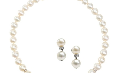 A SOUTH SEA PEARL AND DIAMOND NECKLACE AND EARRING SUITE