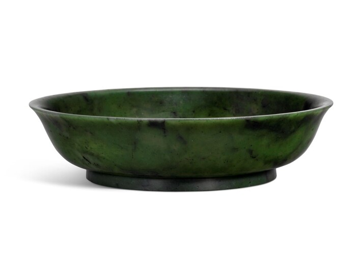 A SPINACH-GREEN JADE DISH, QIANLONG INCISED SIX-CHARACTER SEAL MARK AND OF THE PERIOD (1736-1795)