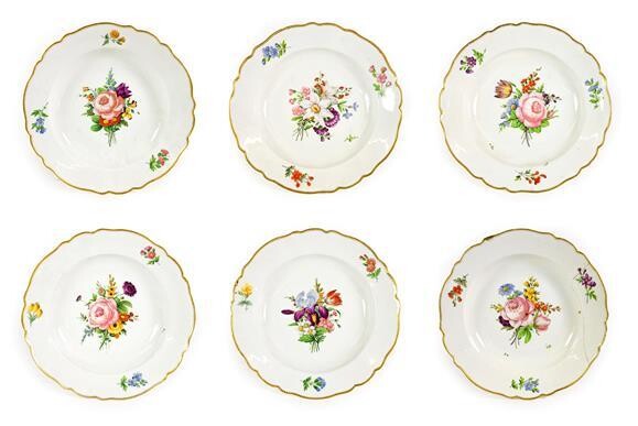 A Set of Six Meissen Style Porcelain Soup Plates, 19th...
