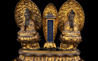 A Set of Two Japanese Gilt Lacquered Wood Figures of Seated Kannon