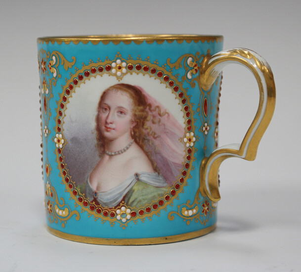 A Sèvres style bleu céleste ground jewelled coffee can, mid-19th century, painted with thr