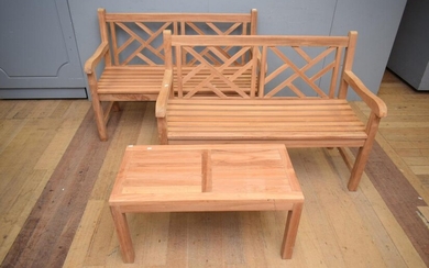 A THREE PIECE TEAK OUTDOOR SETTING ( BENCHES 92H X 131W X 64D CM) (TABLE 45H X 90W X 45D CM) (PLEASE NOTE THIS HEAVY ITEM MUST BE RE...