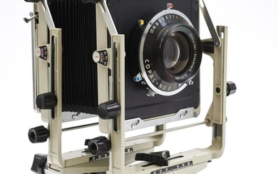 A TOYO 4X5 RAIL VIEW CAMERA WITH SCHNEIDER 240MM LENS, 150MM LENS, POLAROID BACK AND GLASS SLIDES