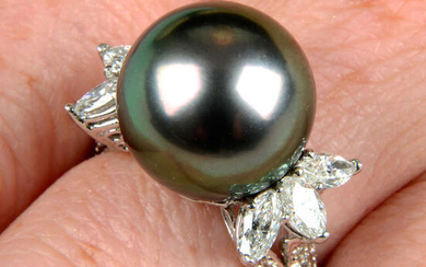 A 'Tahitian' cultured pearl and diamond cocktail ring.