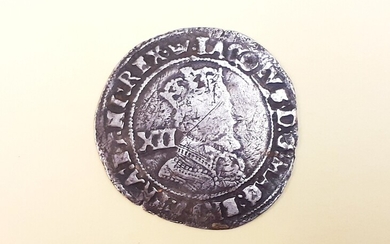 A United Kingdom James I silver shilling of 12 pence, c. early 17th century.