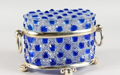 A VERY GOOD BOHEMIAN BLUE TINTED OVAL BISCUIT BARREL