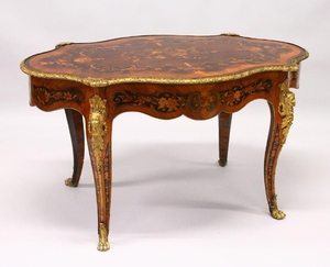 A VERY GOOD LOUIS XVI STYLE FRENCH MARQUETRY AND ORMOLU