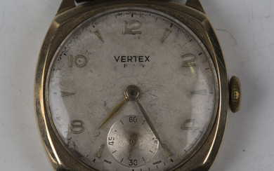 A Vertex Revue 9ct gold cushion cased gentleman's wristwatch with signed jewelled movement, the