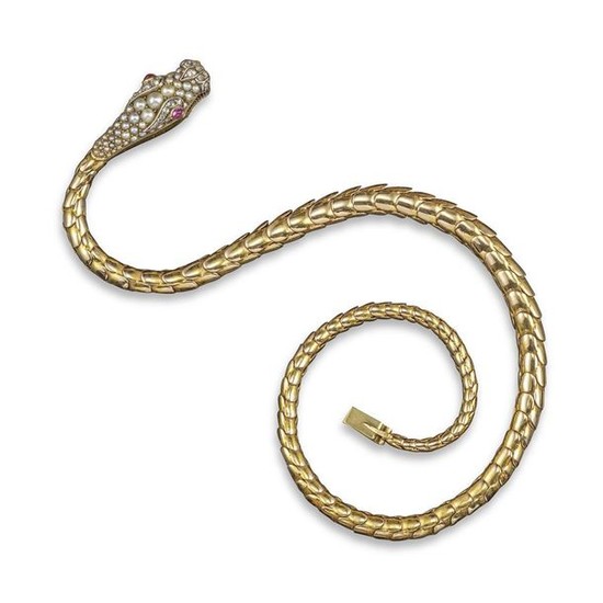 A Victorian gem-set gold snake necklace, the stylised...