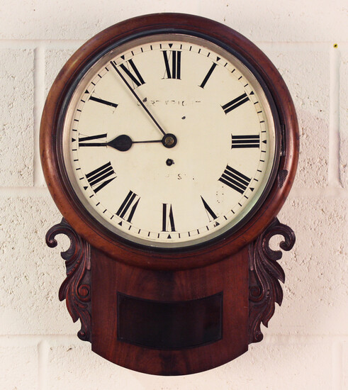 A Victorian mahogany drop dial wall timepiece with brass single fusee movement, the 12-inch painted