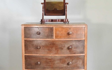 A Victorian oak bow front chest of drawers, together with...