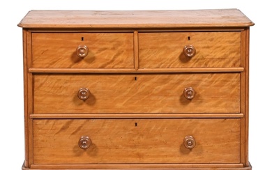 A Victorian satin birch chest of drawers, with turned knobs,...