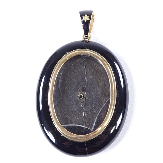 A Victorian unmarked gold black enamel split-pearl and onyx ...