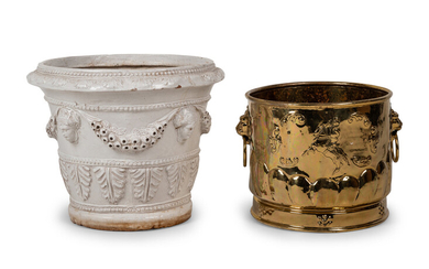 A White Glazed Pottery Jardinière and a Brass Jardinière