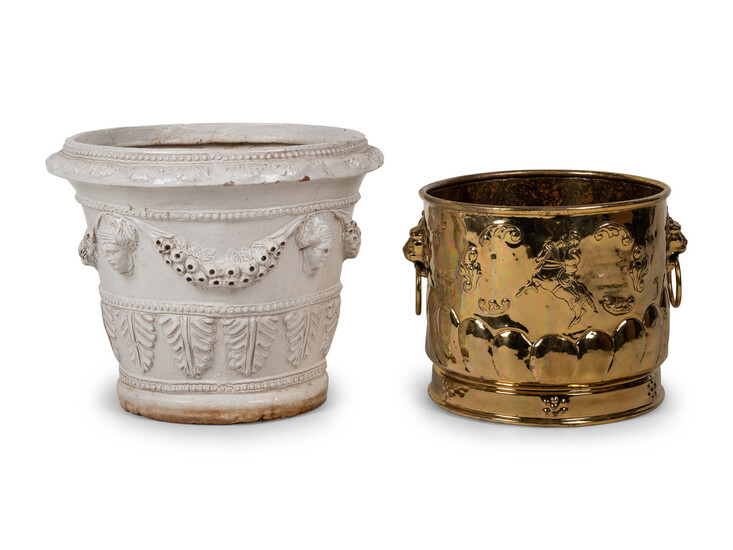 A White Glazed Pottery Jardinière and a Brass Jardinière
