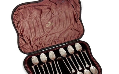 A cased set of Victorian silver teaspoons with sugar tongs, Sheffield, c.1890, Atkin Brothers, the twelve spoons designed with scalloped shell bowls and twisted stems, total weight approx. 6.4oz