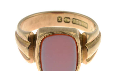 A chalcedony signet ring, with late Victorian 15ct gold band replacement.