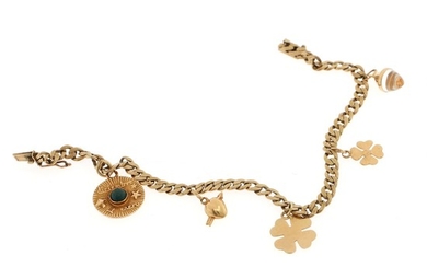 A charms bracelet set with three 14k gold charms and two 18k gold charms, mounted on 8k gold bracelet. L. 19.6 cm.