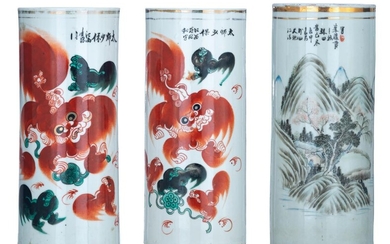 A collection of three Chinese cylindrical vases, Republic period, H 28 - 29 cm