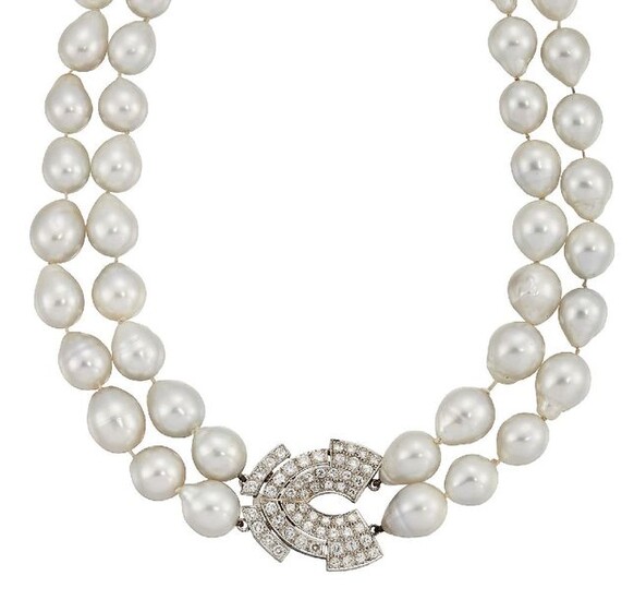 A cultured pearl and diamond necklace, the two...