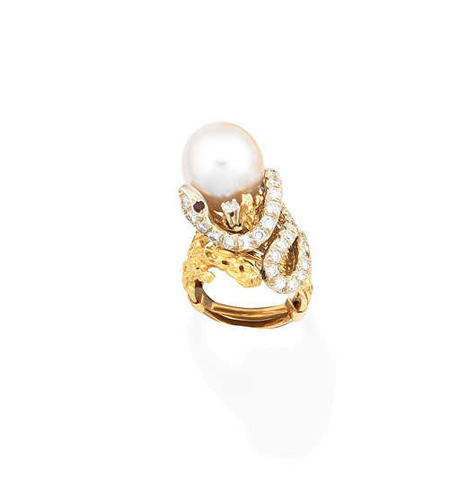 A cultured pearl, diamond and ruby ring