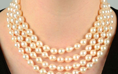 A cultured pearl four-row necklace, with aquamarine and diamond clasp.