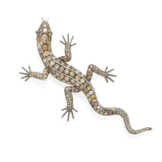 A diamond and colored diamond lizard brooch, Italy