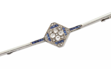 A diamond and sapphire bar brooch, a central cluster with...