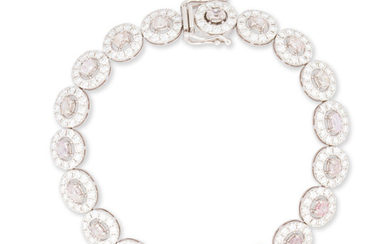 A fancy purplish pink diamond and eighteen karat white gold bracelet