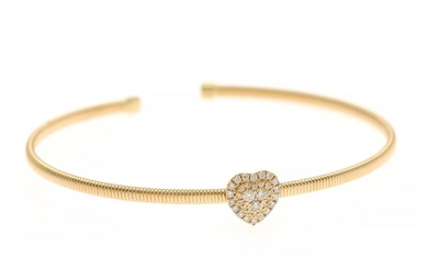 A flexible and open diamond bangle with a heart shaped pendant set with numerous brilliant-cut diamonds totalling app. 0.21 ct., mounted in 18k gold.