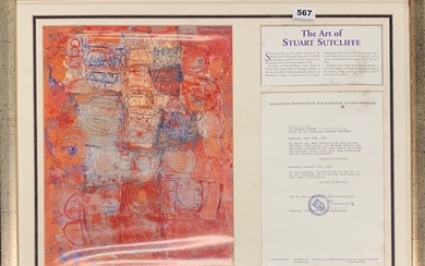A framed item of the art of Stuart Sutcliffe, original band member of The Beatles, frame size 71 x 54cm.