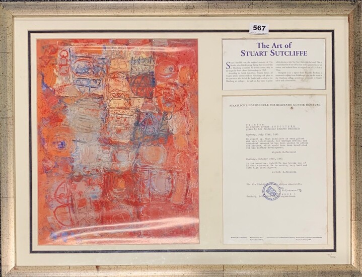 A framed item of the art of Stuart Sutcliffe, original band member of The Beatles, frame size 71 x 54cm.