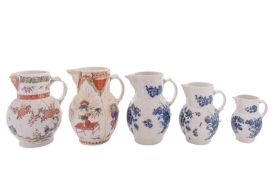 A group of five Caughley and Worcester cabbage-leaf mask jug...