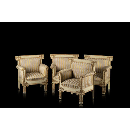 A group of four 19th-century lacquered and giltwood armchairs (cm 85x97x57) (defects)