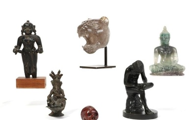 A group of six hardstone and metal figures
