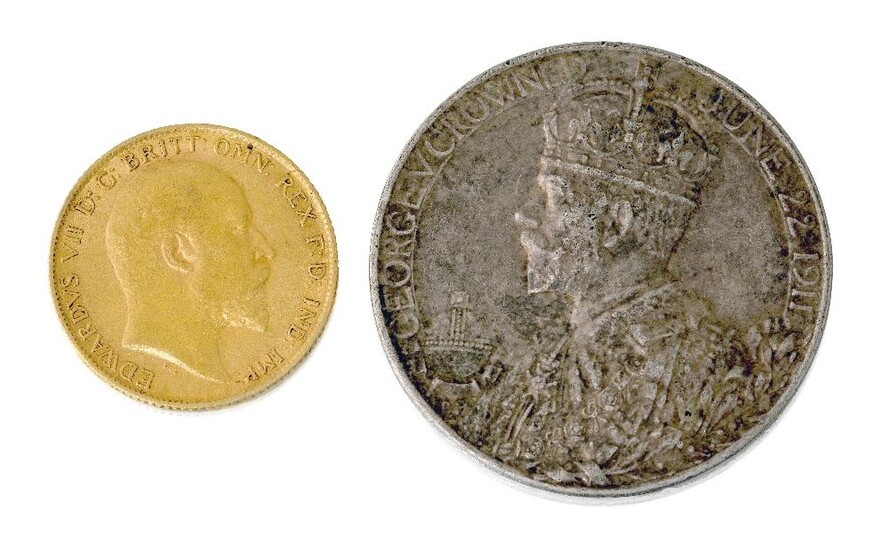 A half sovereign, George V, 1910, and a George V coronation commemorative medallion, 1911 (2)