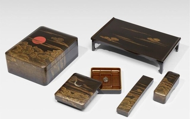 A lacquer writing set consisting of five pieces. 20th century...