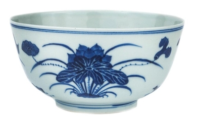 A large Chinese blue and white 'lotus and mandarin duck' bowl, 19th century, standing on a short foot, rising to deep rounded sides, painted to the exterior with ducks below lotus leaves, flowers, and lotus pods, two character nei fu mark in blue...