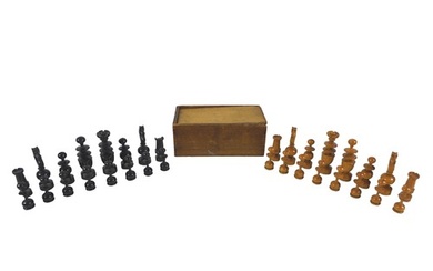 A late 19th century ebony and boxwood weighted chess set, Ki...