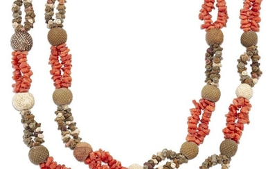 A late 19th century lava and coral sautoir, composed of a series of carved vari-coloured lava spherical beads with either branch coral or waisted carved vari-colour lava bead two row spacers, to matching carved lava and branch coral triple loop...