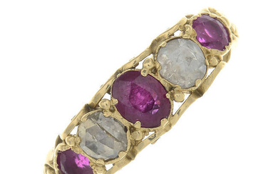 A late 19th century ruby and rose-cut diamond five-stone ring.