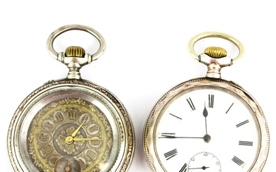 A marked 0.900 silver top wind pocketwatch, together with a French silver and gold plated on nickel ornate top wind pocketwatch.