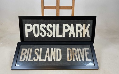 A pair of 1960s bus depot signs on fabric 'Possilpark'...